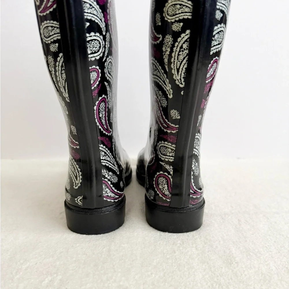 Paisley Rubber Rain Boots Black Purple Size 8 Tall Waterproof Outdoor